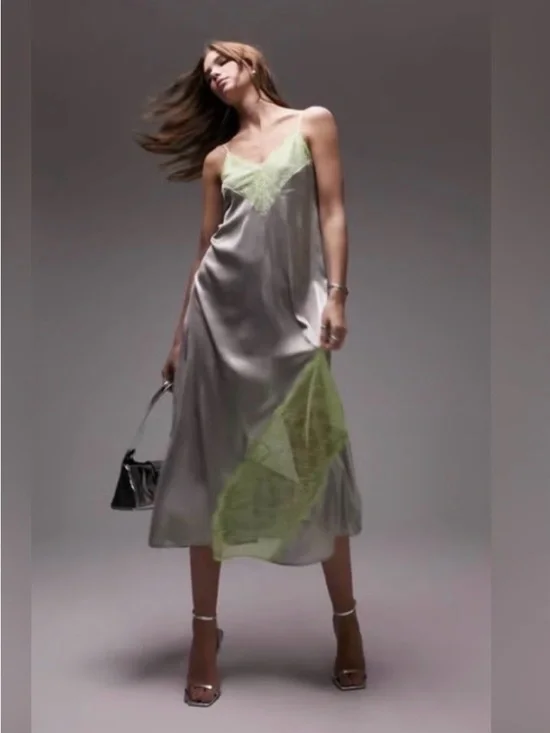Topshop Silver Slip Dress with Lime Lace Trim - Picture 1 of 10
